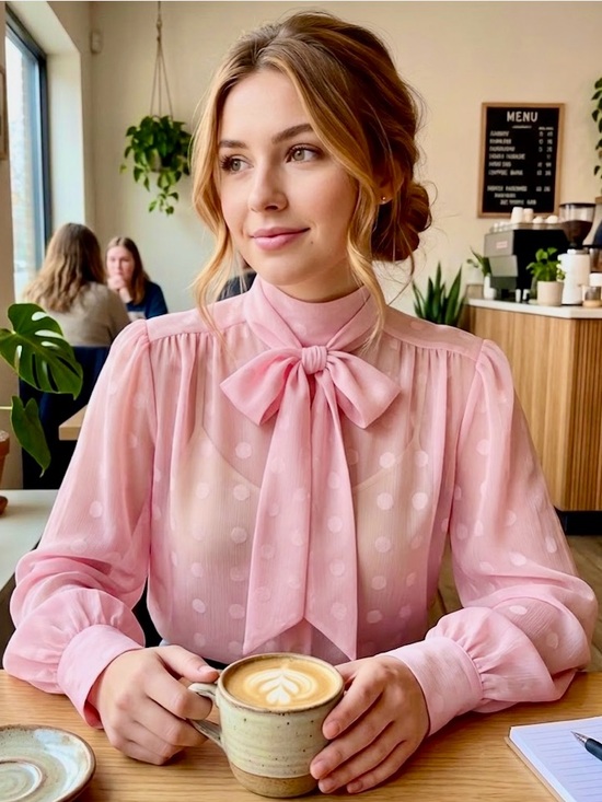 Vintage Tops - Vintage Pink Polka Dot Blouse with Tie